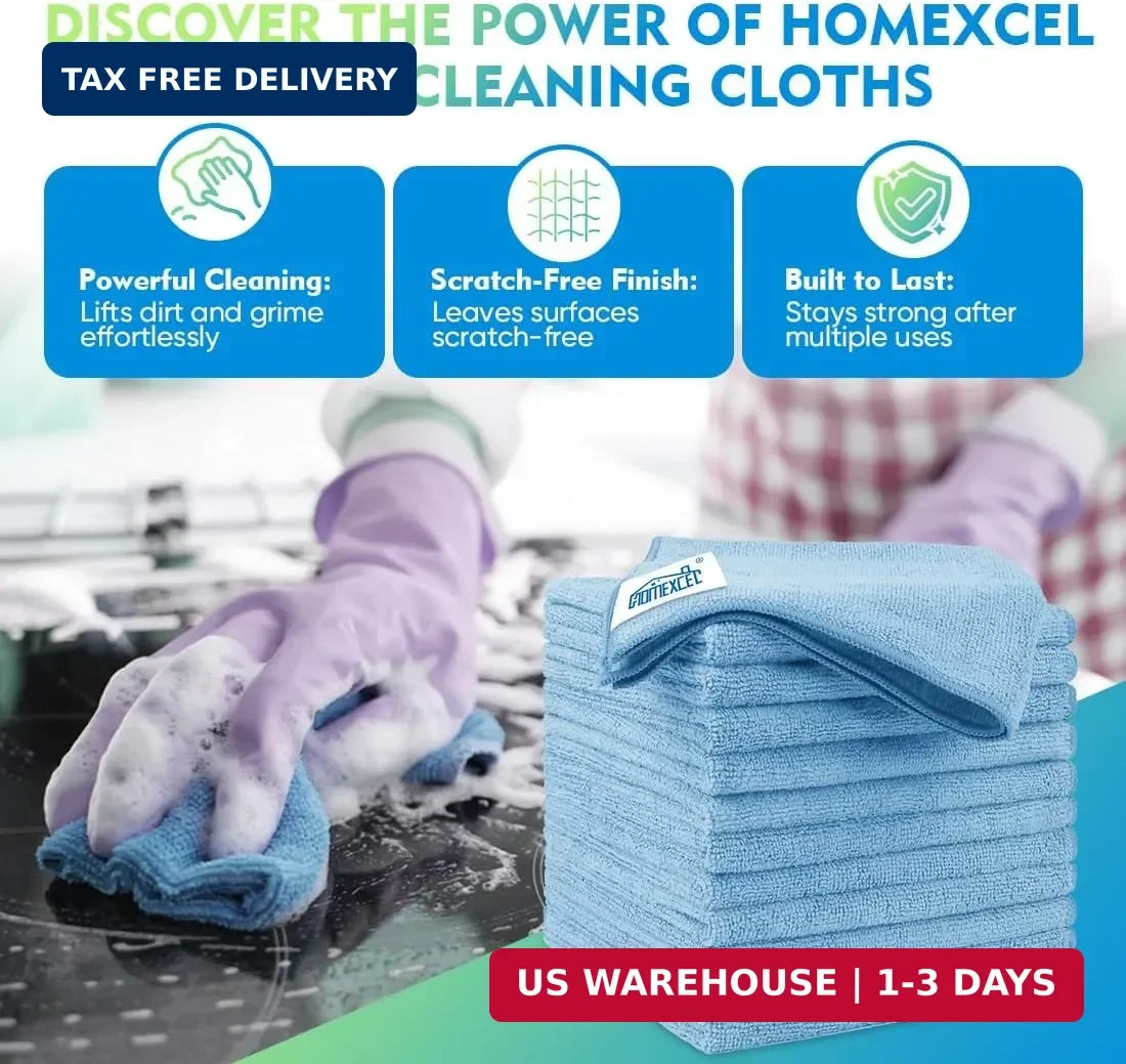 HOMEXCEL Blue Microfiber Cleaning Cloth 12 Pack, 12.5 x 12.5 inch Microfiber Tow