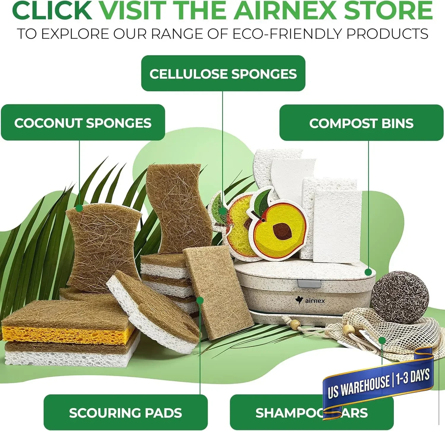 AIRNEX Natural Kitchen Sponges (12 Pack) – Biodegradable Cellulose & Coconut Scr