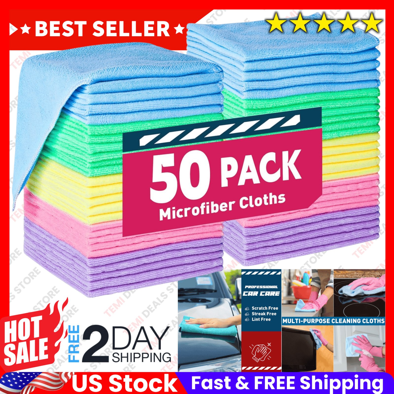 Microfiber Cleaning Cloth Set of 50 Towel Rag Car Polishing Detailing No-Scratch