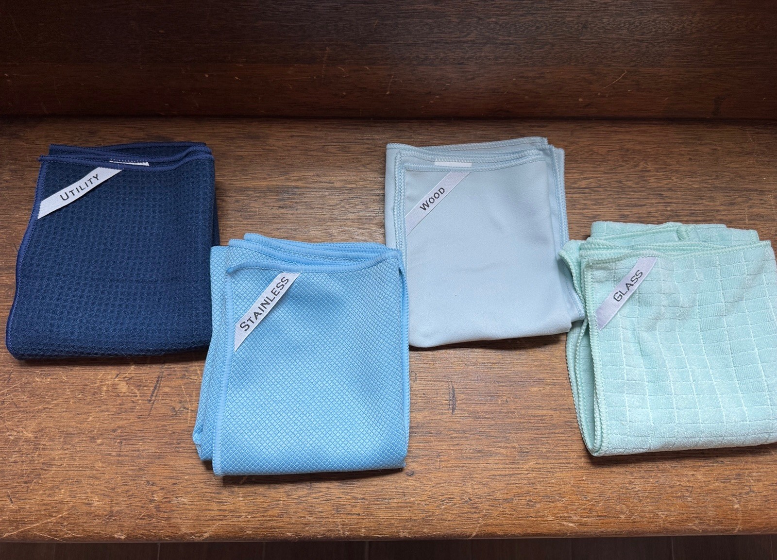 Set Of Four Microfiber Cleaning Cloths, Wood, Stainless Steel, Glass, & Utility