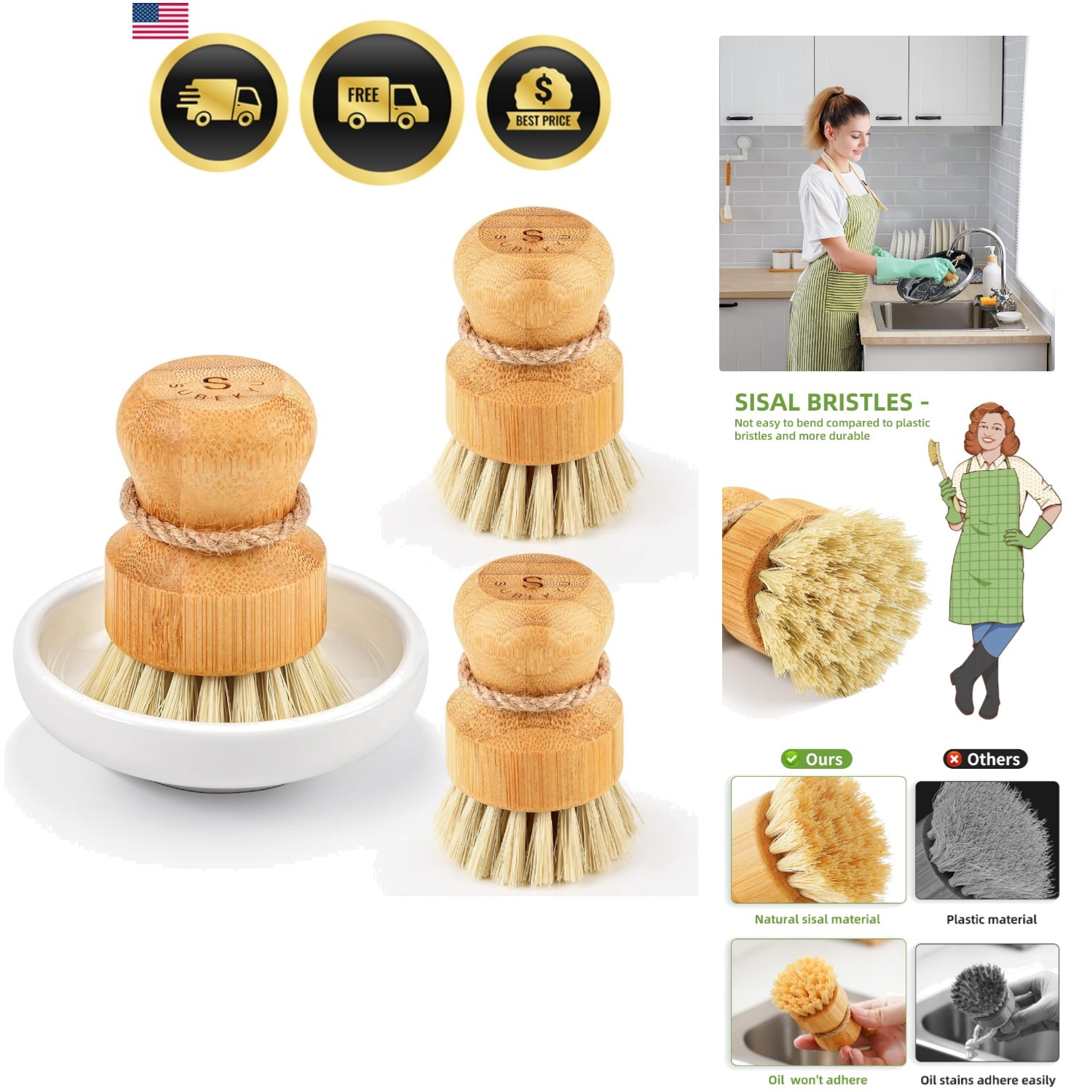 Bamboo Dish Scrub Brushes Set Kitchen Cleaning Sisal Bristles Eco-Friendly