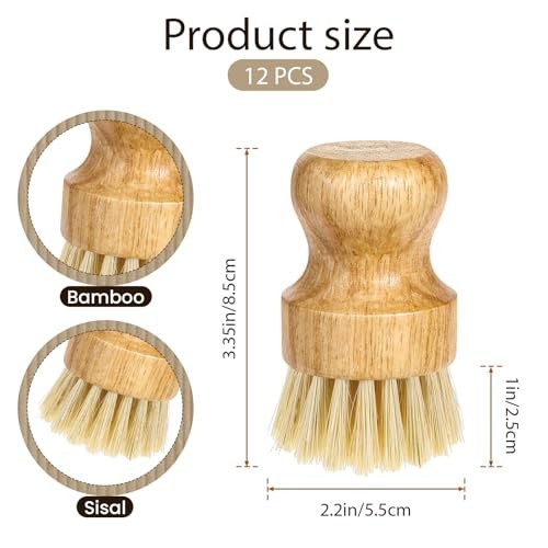 Bamboo Dish Scrub Brush – Wooden Scrubbers – Sisal Yellow – 12 Packs