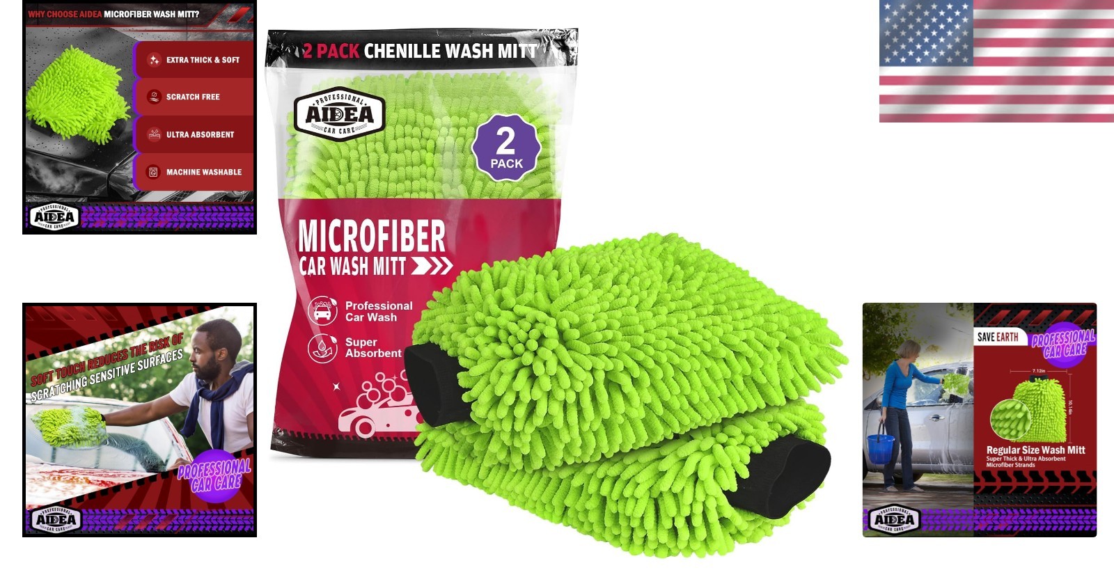 2-Pack Microfiber Car Wash Mitts – Extra Plush, Lint-Free & Scratch-Free, Green