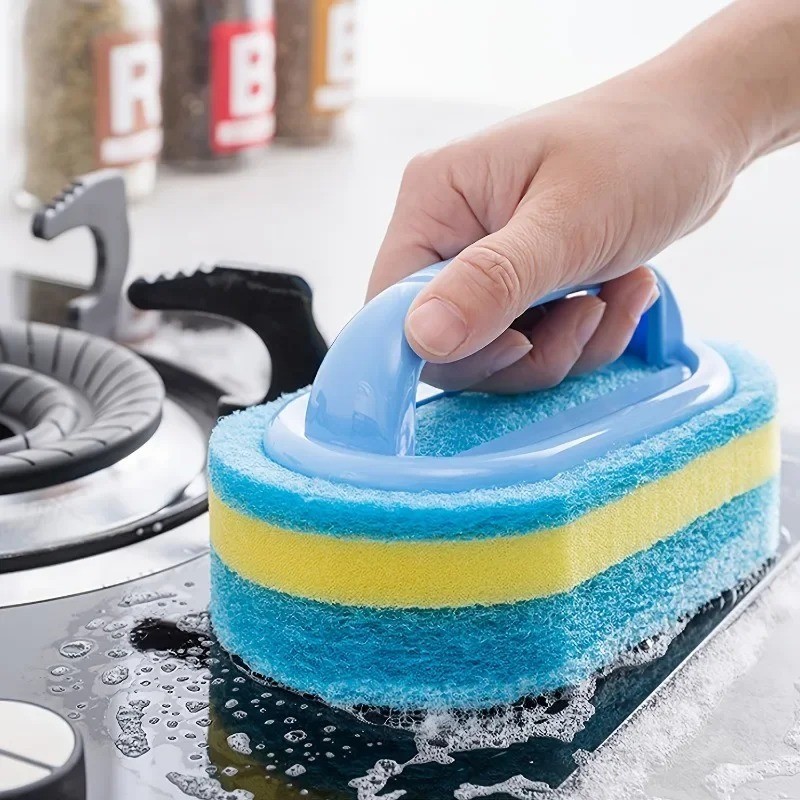 Household Cleaning Brush with Handle Dish Scrubber Kitchen Bathroom Sponge Brush