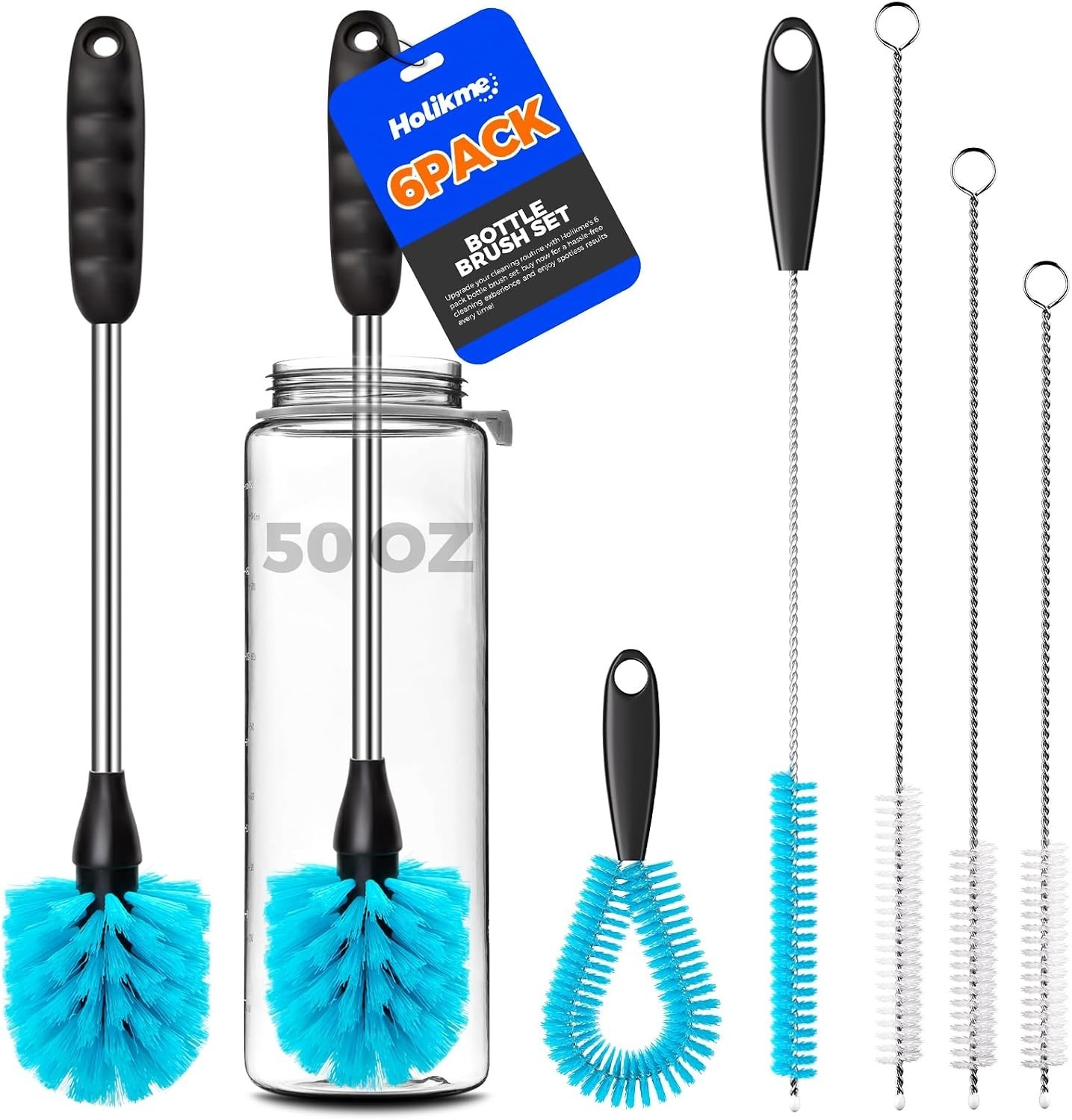 Bottle Brush Set, 6 Pack, 14.5″ Long Handle, Blue, Straw Brushes, Spout Brush