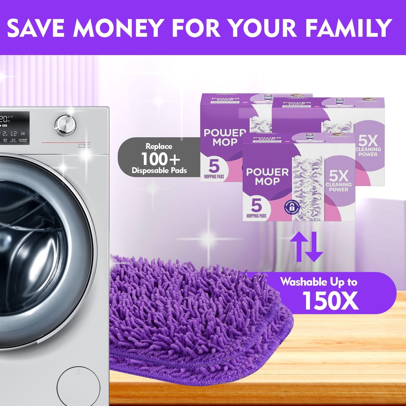 Reusable Power Mop Refill Pads for Swiffer Starter 3 Pack (Purple)