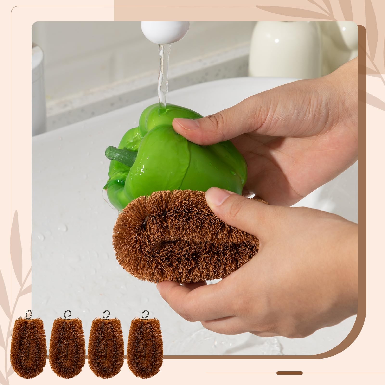Sawysine 4 Pcs Tawashi 100% Natural Coconut Coir Fiber Brush, Vegetable Brown