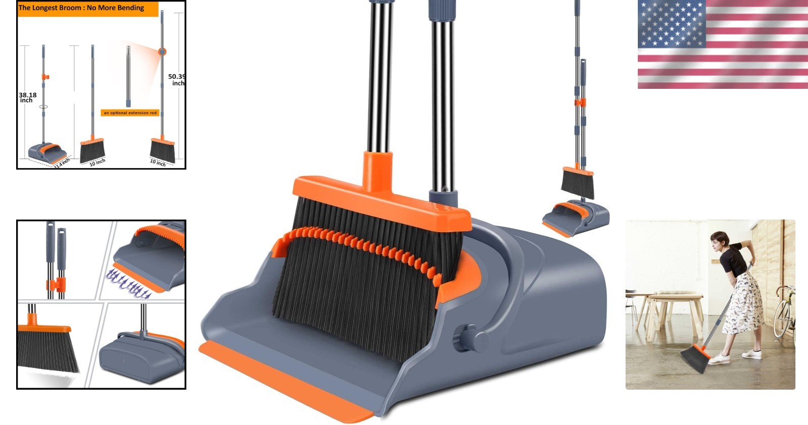 Self-Cleaning Broom and Dustpan Set with Extendable Handle for Indoor Outdoor