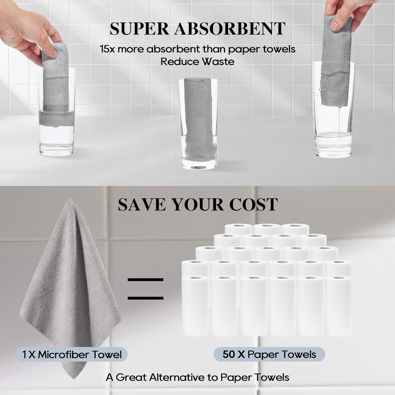 HONOVA Microfiber Cleaning Cloth Roll 45 Pack, Reusable Paper Towels Washable Ro