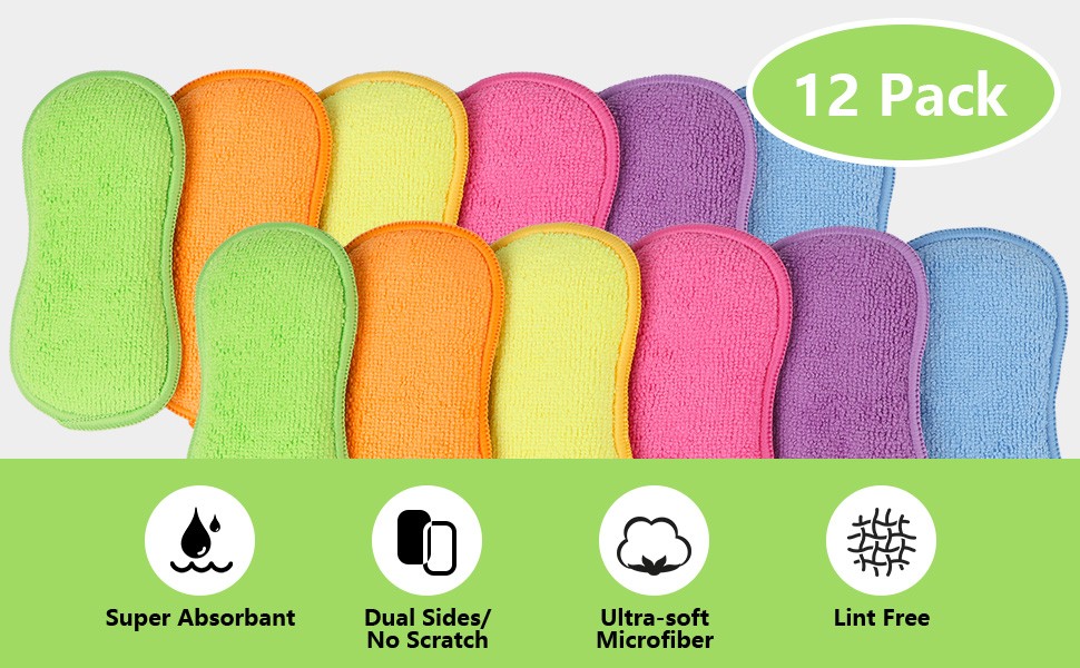12Pack Dish Sponges Kitchen, Non-Scratch Microfiber Sponges for Cleaning,