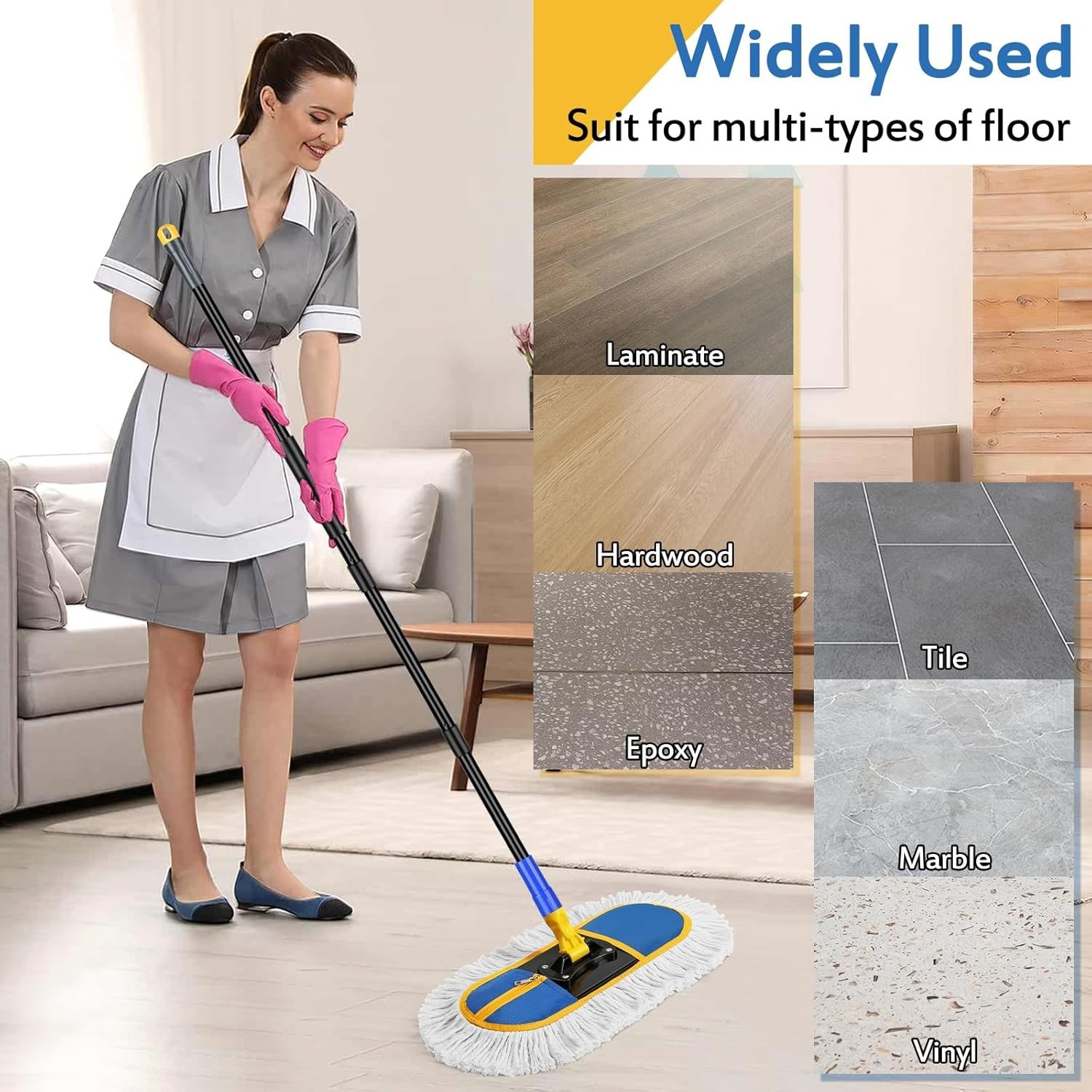 Industrial Dust Mop with Washable Pads for Floor Cleaning, 16 Inch, Blue