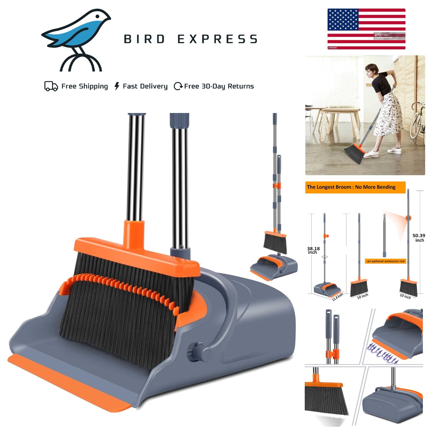 Self-Cleaning Broom and Dustpan Set with Extendable Handle for Indoor Outdoor
