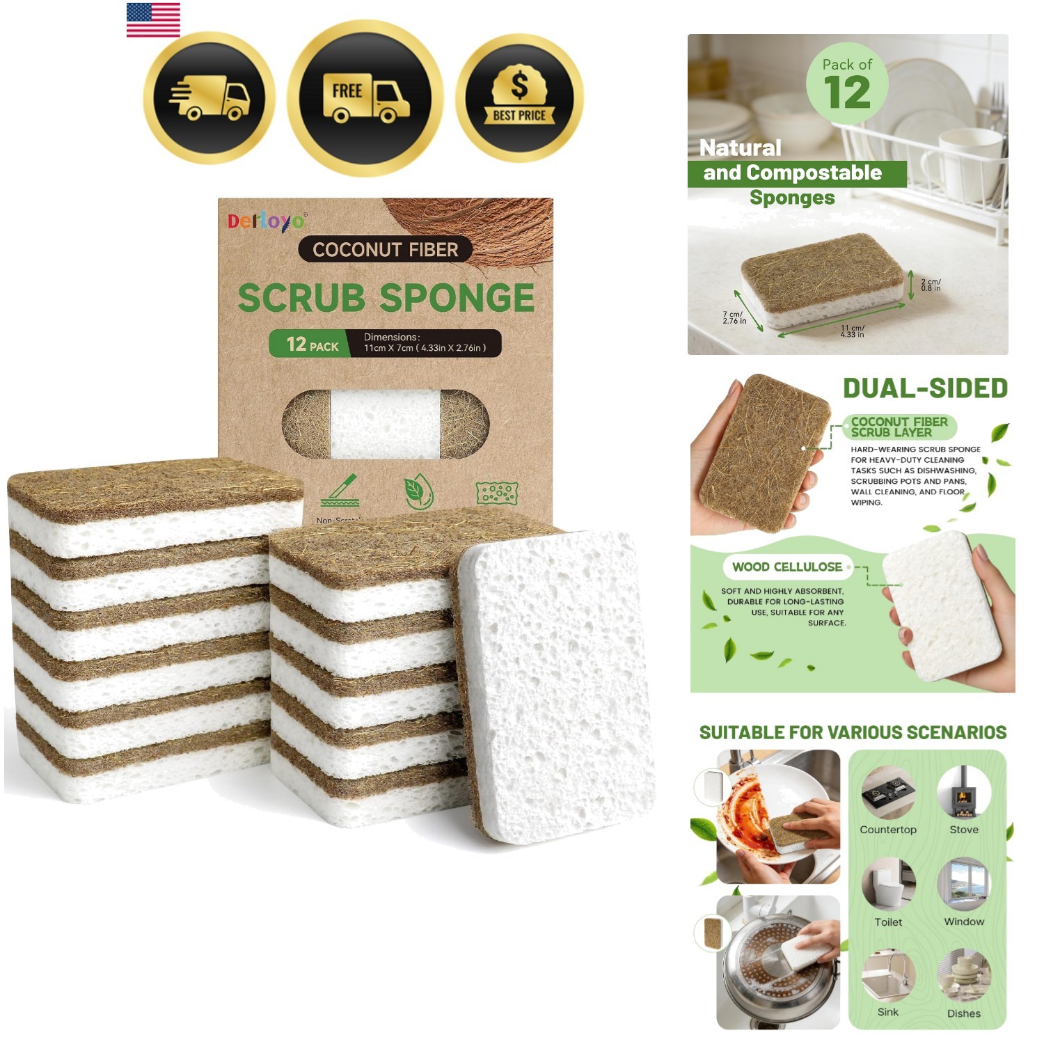 12 Count Plant-Based Kitchen Sponges, Compostable Cellulose Sponge, Biodegrad…