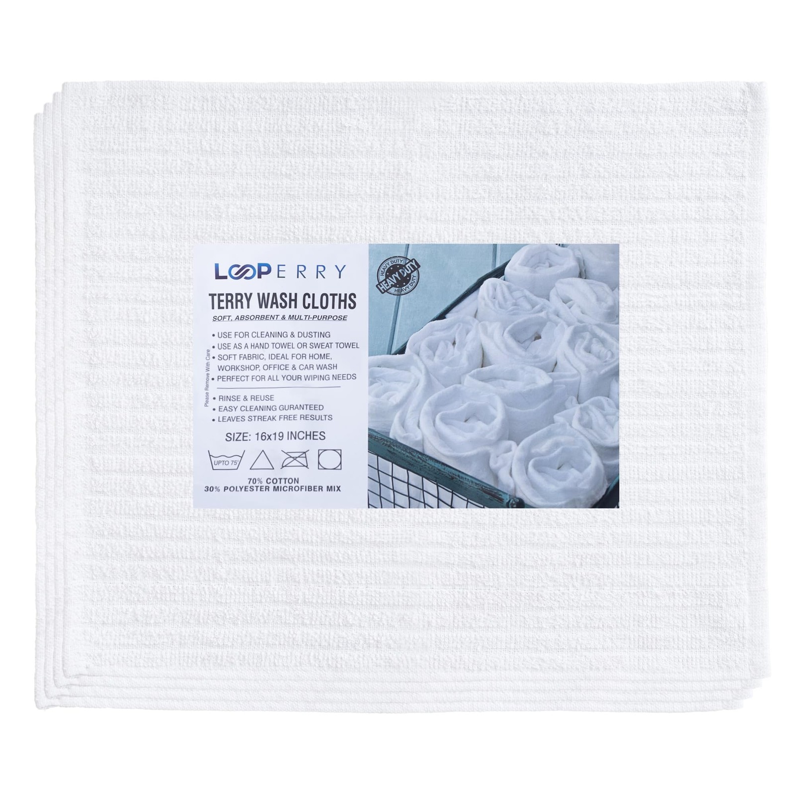 White Terry Cloth Rags (16 Pack) 16″x19″ Inches Ribbed – Lint Dish Cloth Mult…