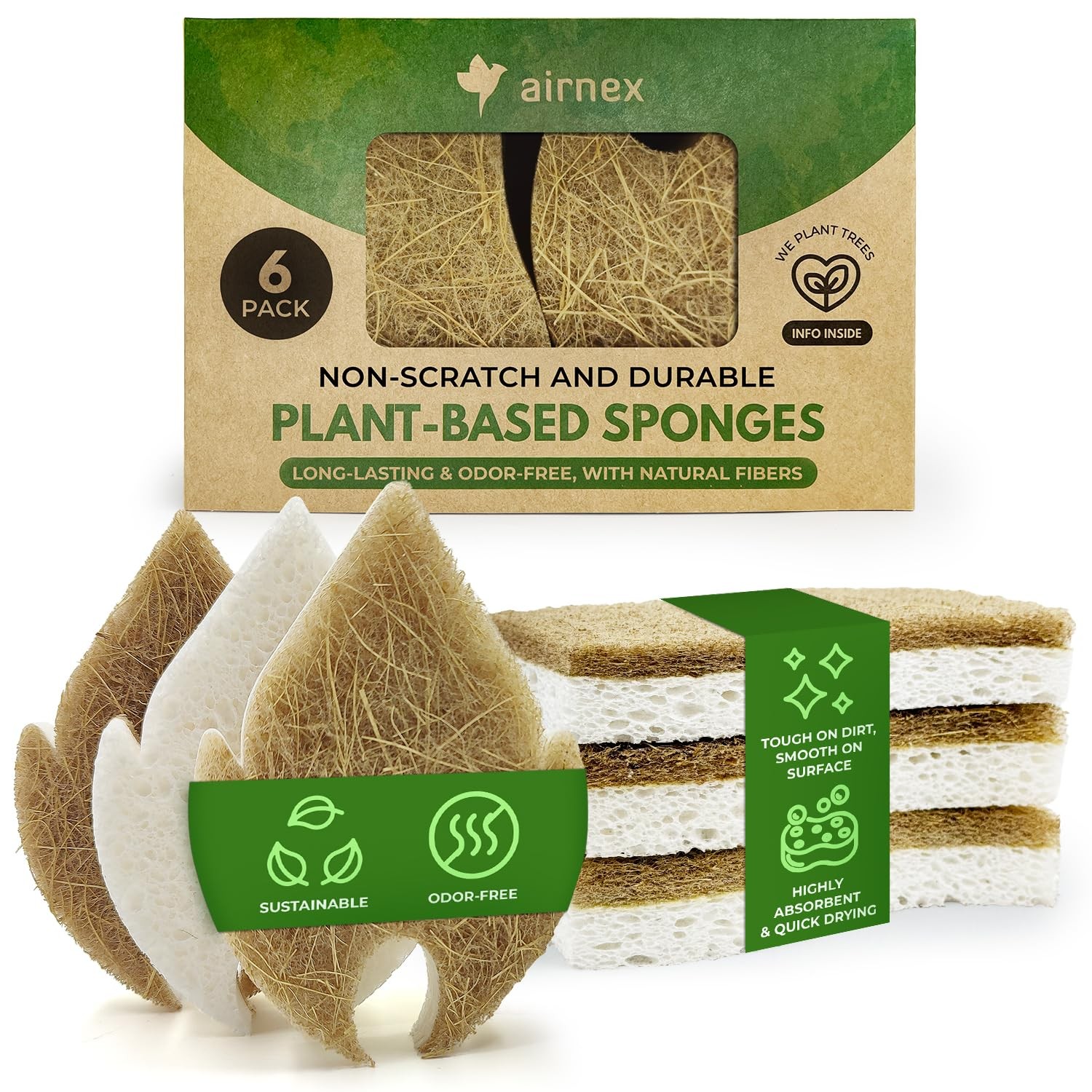 AIRNEX Natural Kitchen Sponges (6 Pack) – Biodegradable Cellulose & White