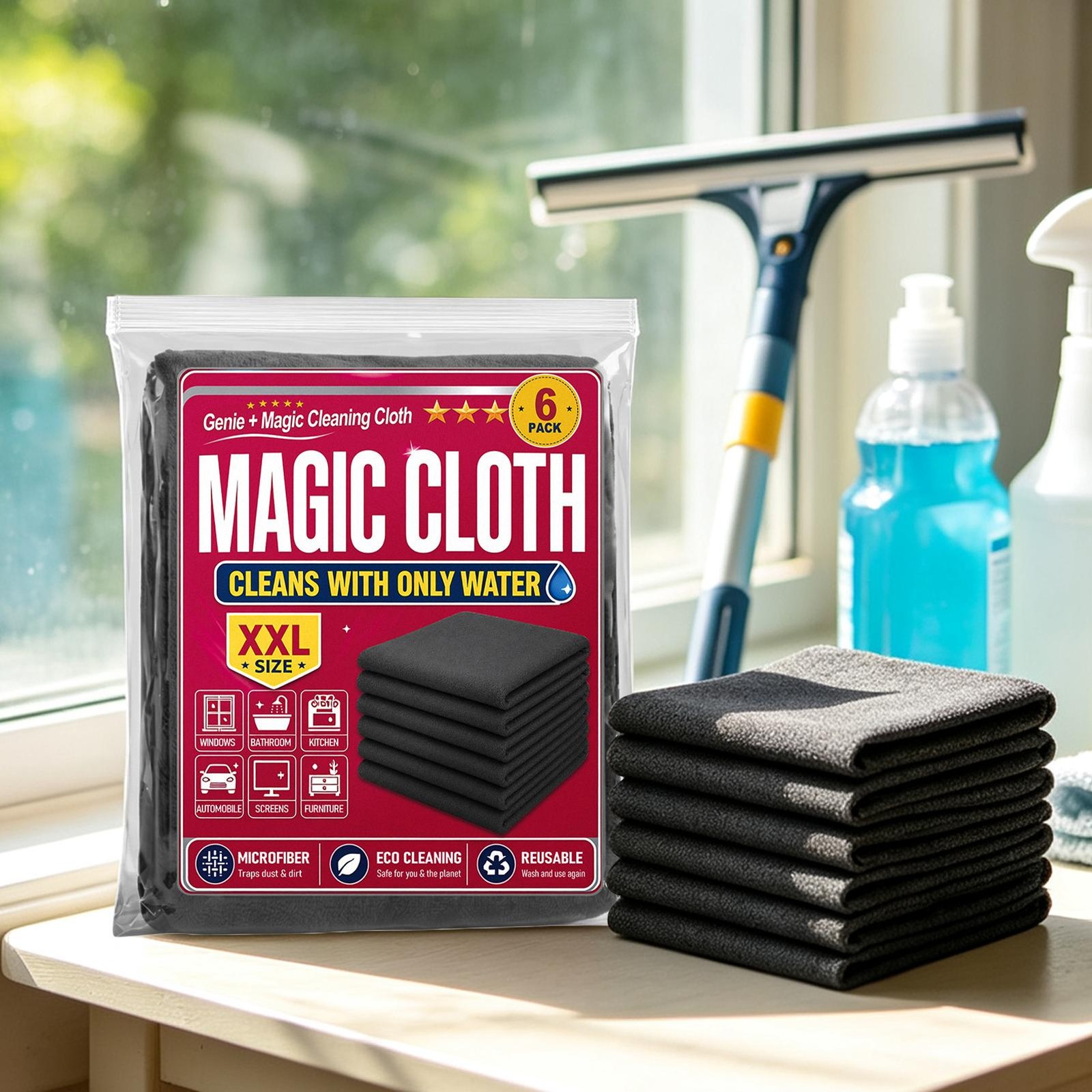 Genie Magic Cleaning Cloth 6-Pack,Microfiber Cleaning Cloths 16×12 Inch,Reusable