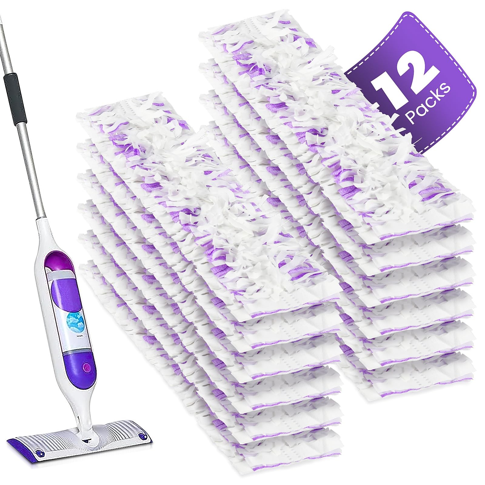 12 Pack Floor Mop Refills, for Swiffer Power Mop, Washable, Purple