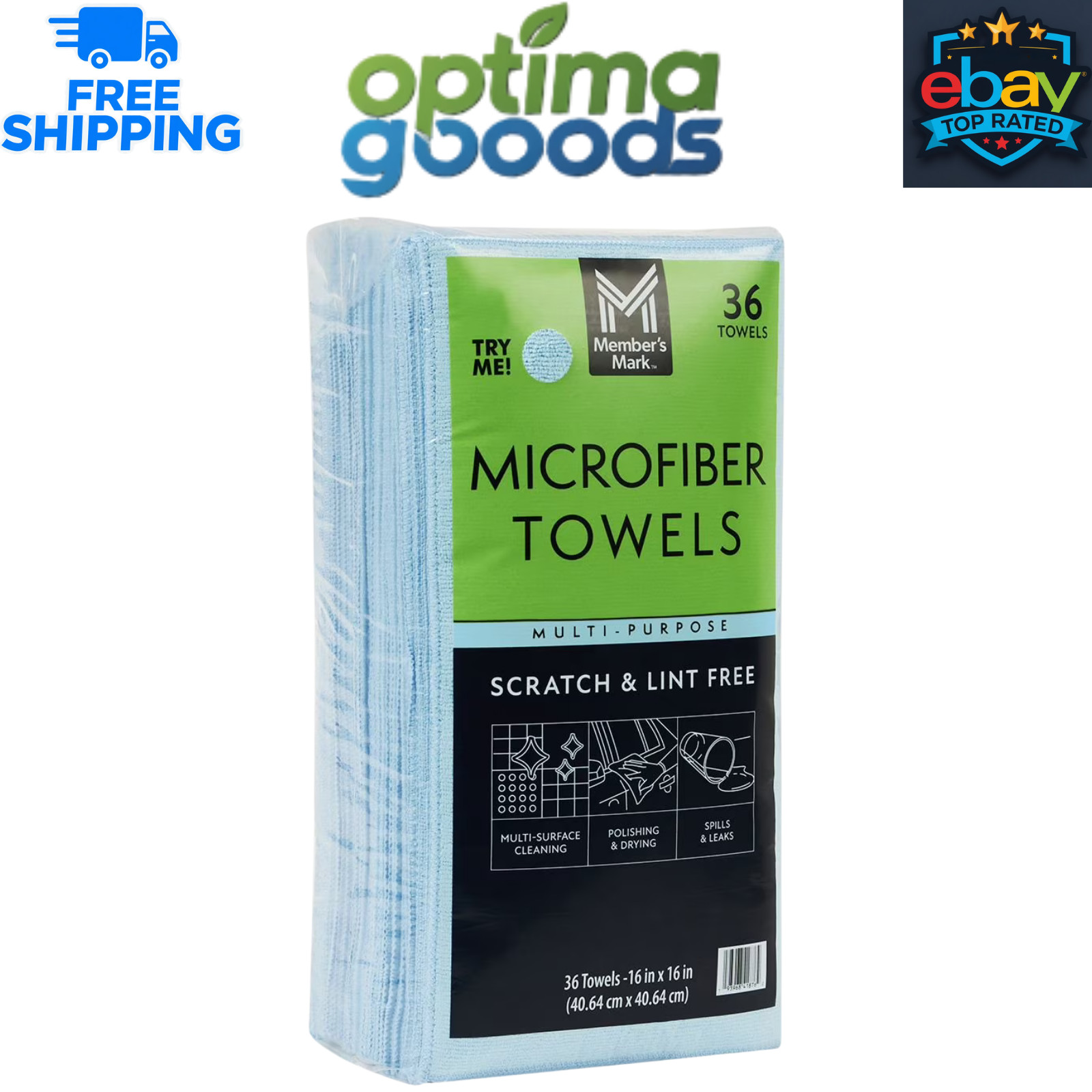 Member’s Mark Microfiber Towels – Blue, 16″ x 16″, 36 Count Cleaning Cloths