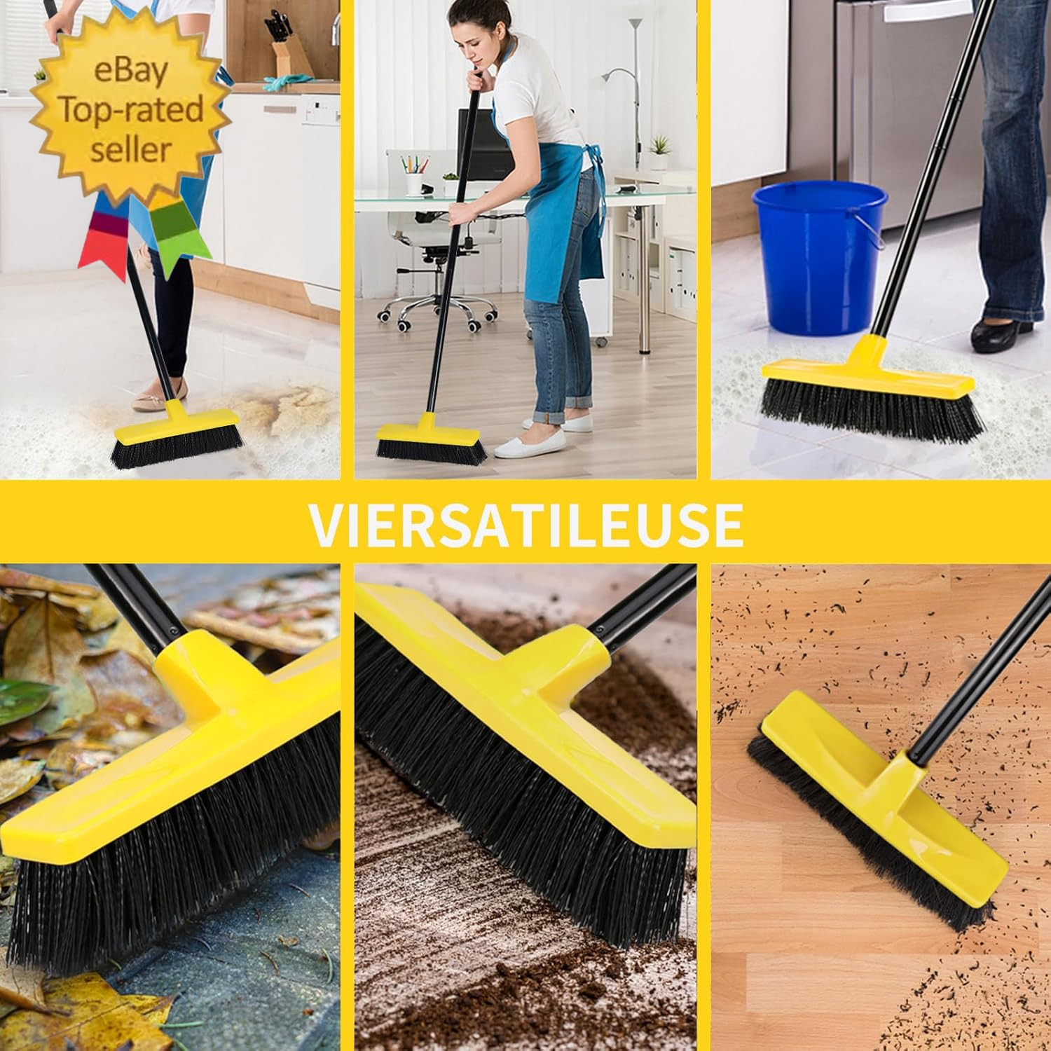 Push Broom Outdoor Indoor Broom 12″ Wide,50″ Long Handle with Stiff Bristles