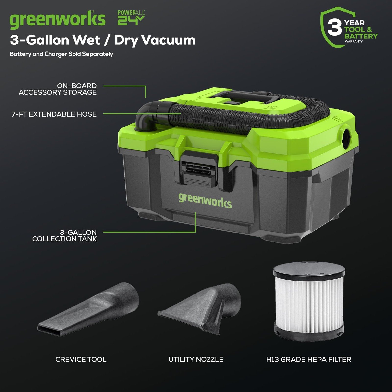 Greenworks POWERALL 24V Cordless Brushless 3Gal Wet/Dry Vac with 4Ah Battery and