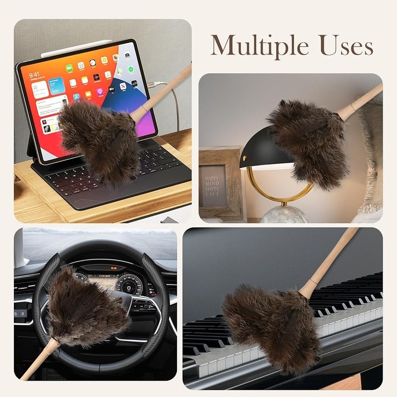 Ostrich Feather Duster Anti-Static Wooden Handle Dust Cleaning Tool Home Office