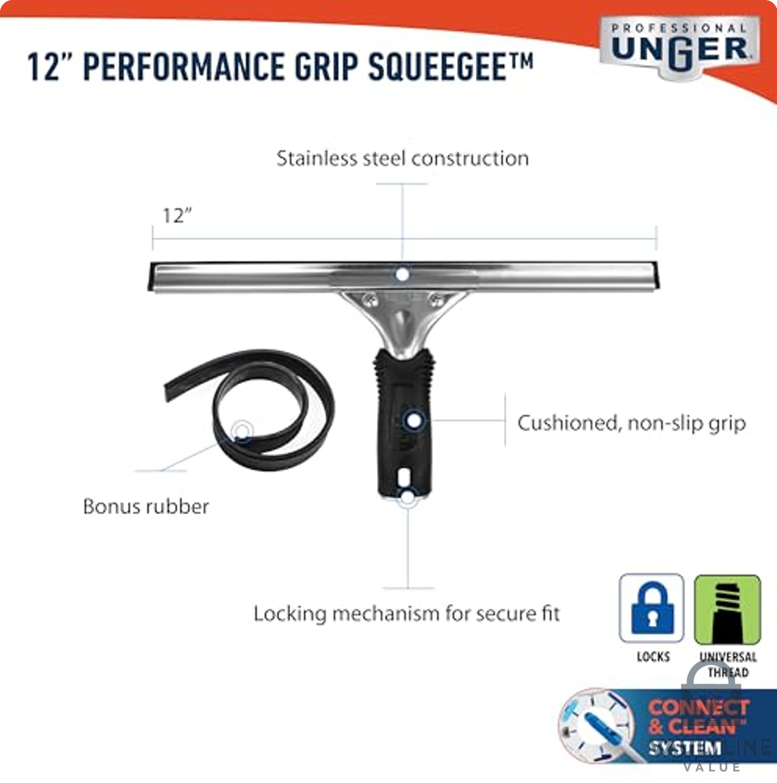 Unger 12 Inch Performance Grip Squeegee for Streak-Free Window Cleaning