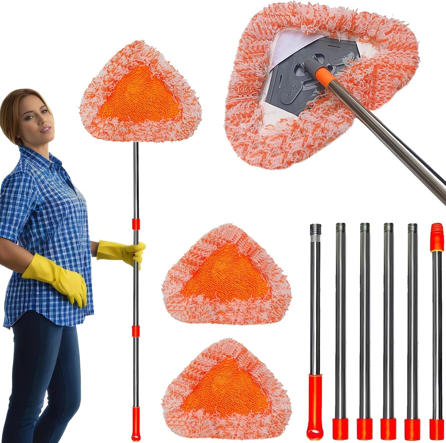 Upgraded 2-in-1 Wall Cleaner Mop with 100 Inches Extension Pole Ploe, Orange