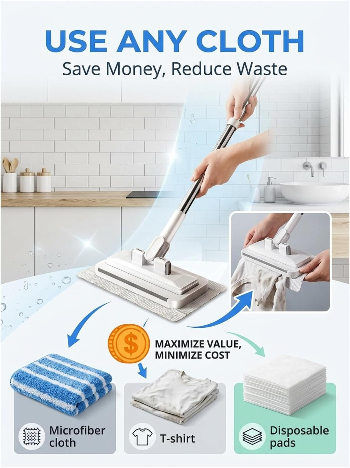 Hands-Free Multi-Purpose Flat Mop – Lazy Cleaning & Face Towel Compatible 39In L