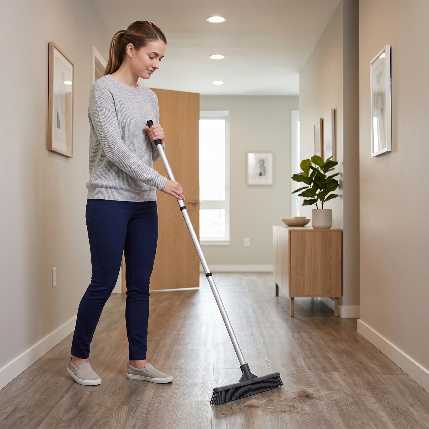 Slim Silicone Household Broom, Rubber Broom with 48″ 3-part Handle