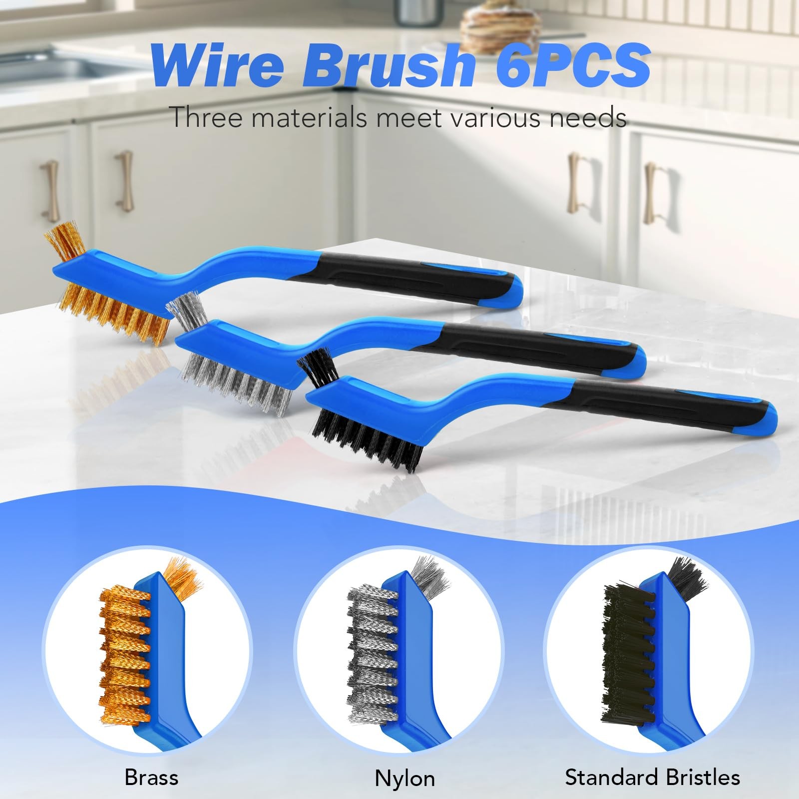 Wire Brush Set, 6 Pcs Stainless Steel/Brass/Nylon Brushes for blue
