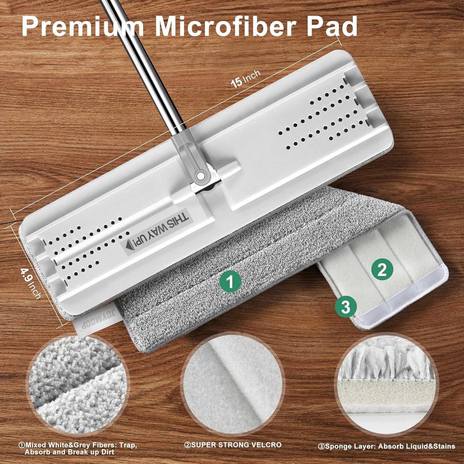White Flat Mop Microfiber Floor Wall Cleaner 60 Inch Handle 15 Inch Head