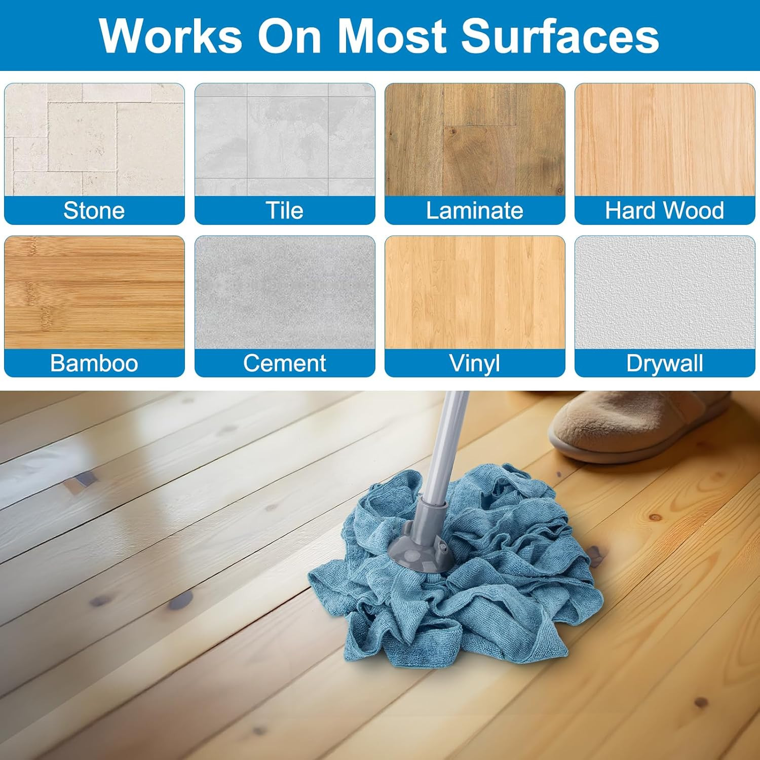 Kefanta Mops for Floor Cleaning,One Mop Handle with 2 Blue Microfiber Cloth Mops
