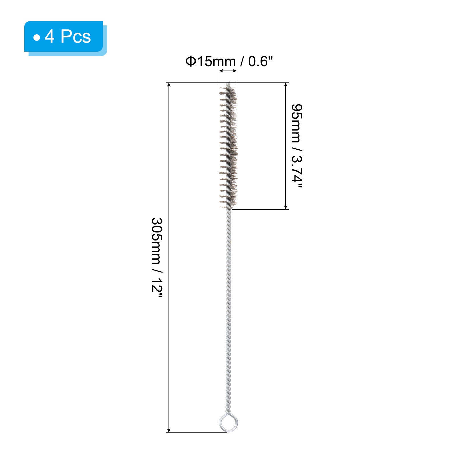12″ Wire Tube Brush, 4Pcs 0.6″ Dia Stainless Steel Cleaning Brush, Silver
