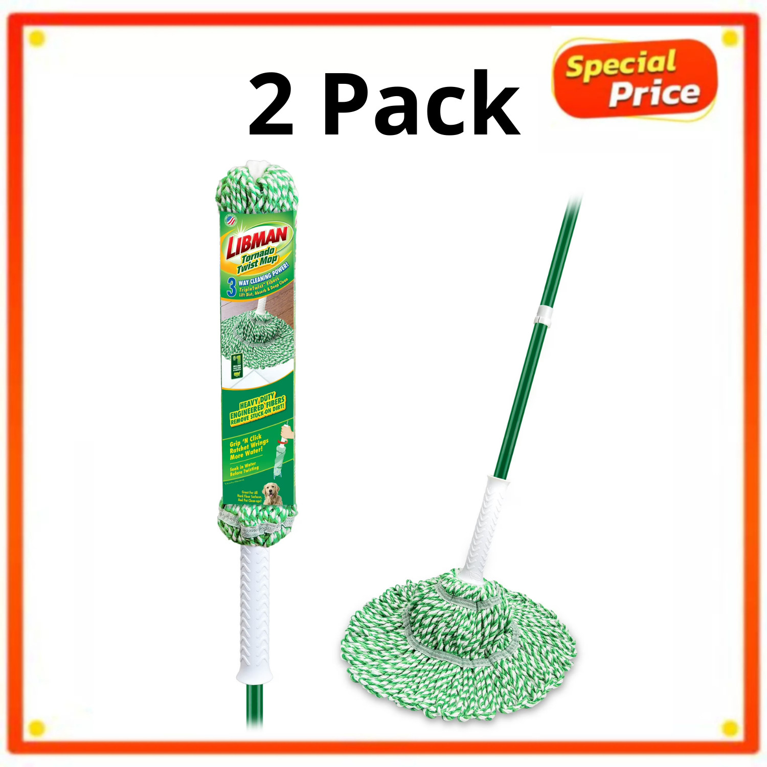 (2 Pack) Libman Tornado Twist Mop Cotton Blend Head Steel Handle Green & White