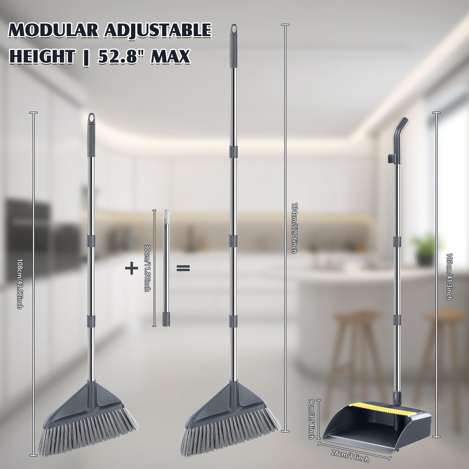 Broom and Dustpan Set for Home with 52 Inch Long Angled Handle – Stand White