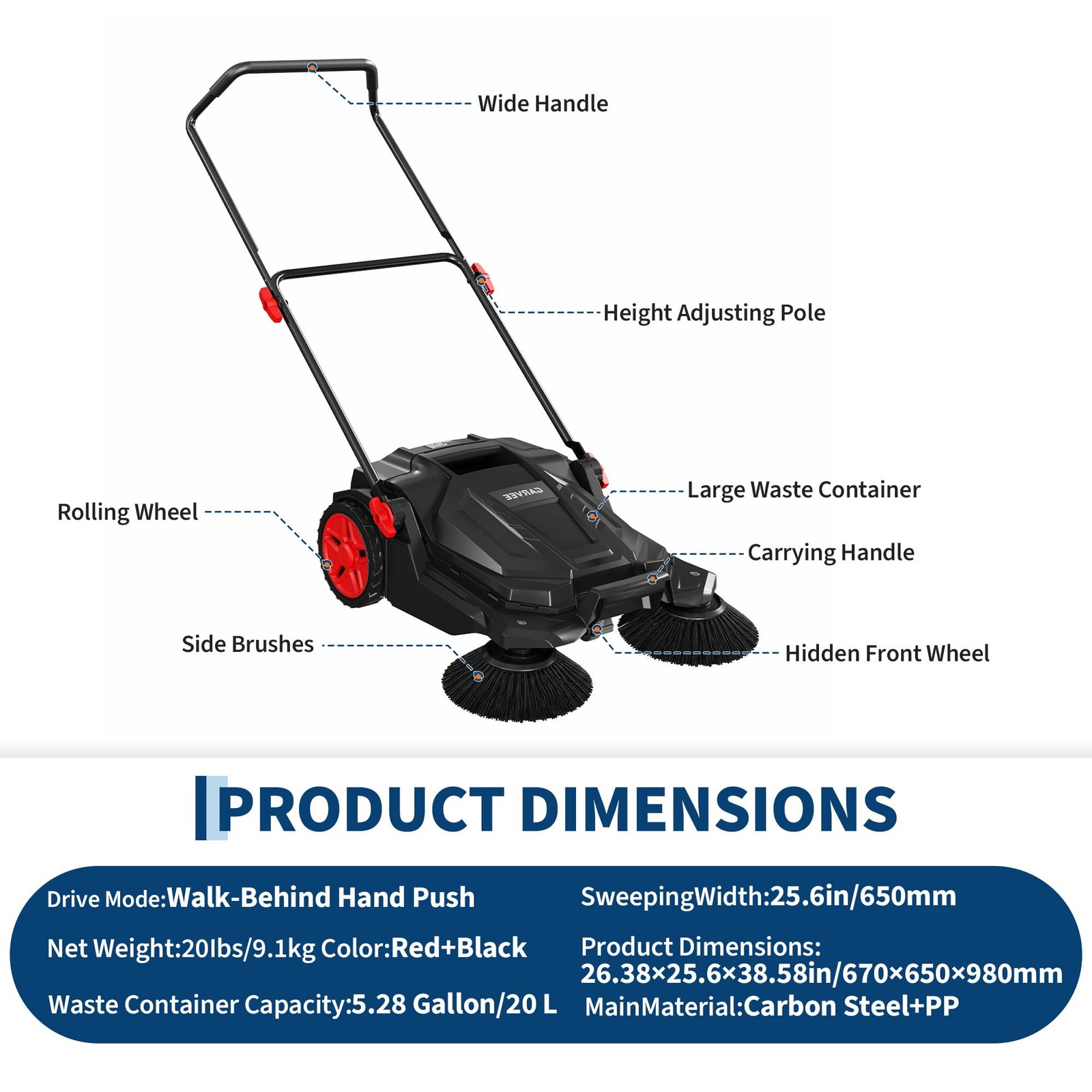25.6″ Width Manual Sweeper Walk-Behind Hand Push Floor Sweeper Adjustable Handle