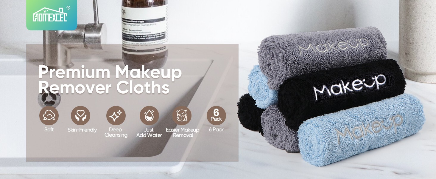 Makeup Remover Cloth 6 Pack,Premium Washable Soft 13×13 Inch Facial Cleansing