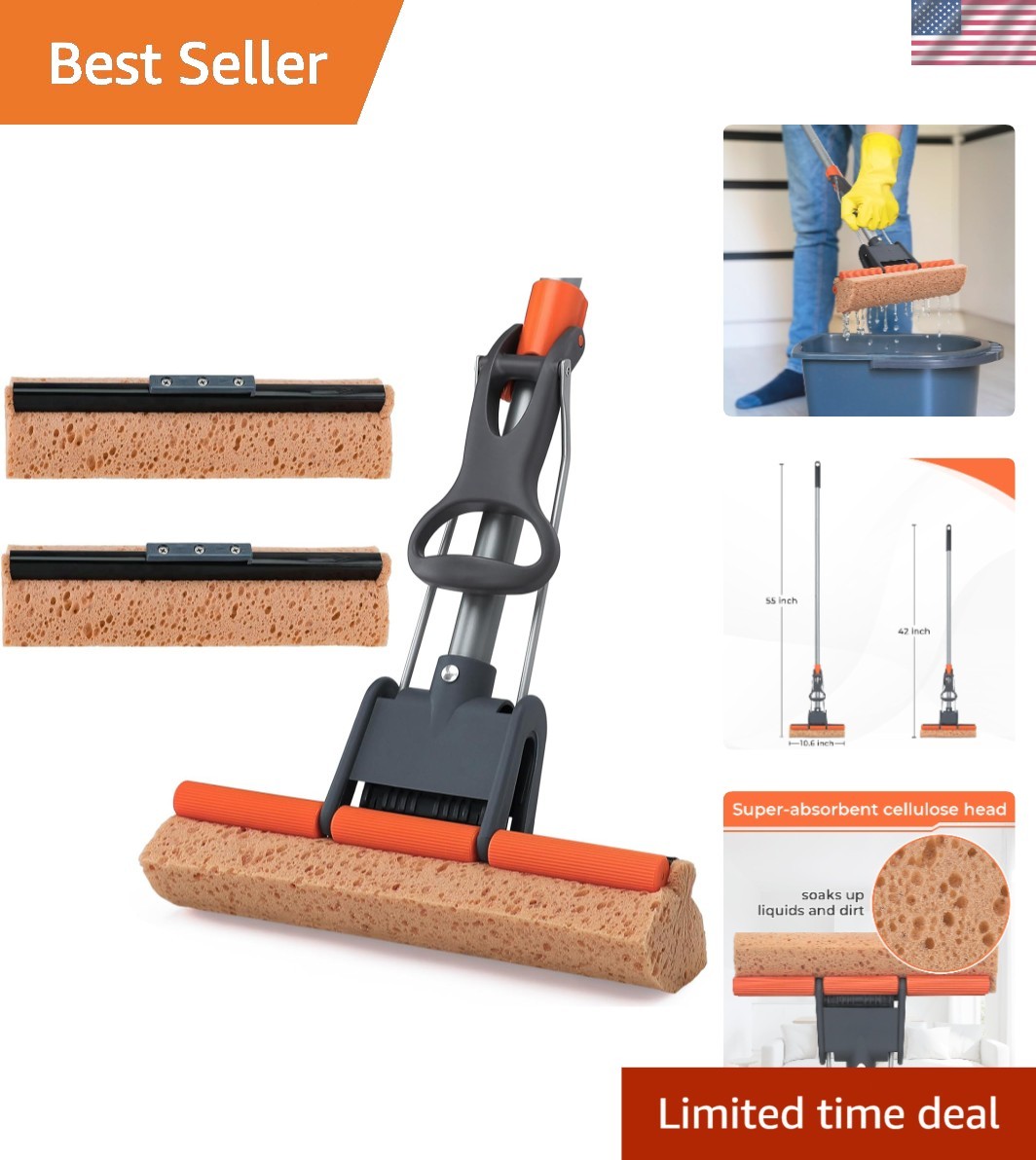 Sponge Mop Floor Cleaner with 2 Refill Heads Long Handle For Hardwood Tile