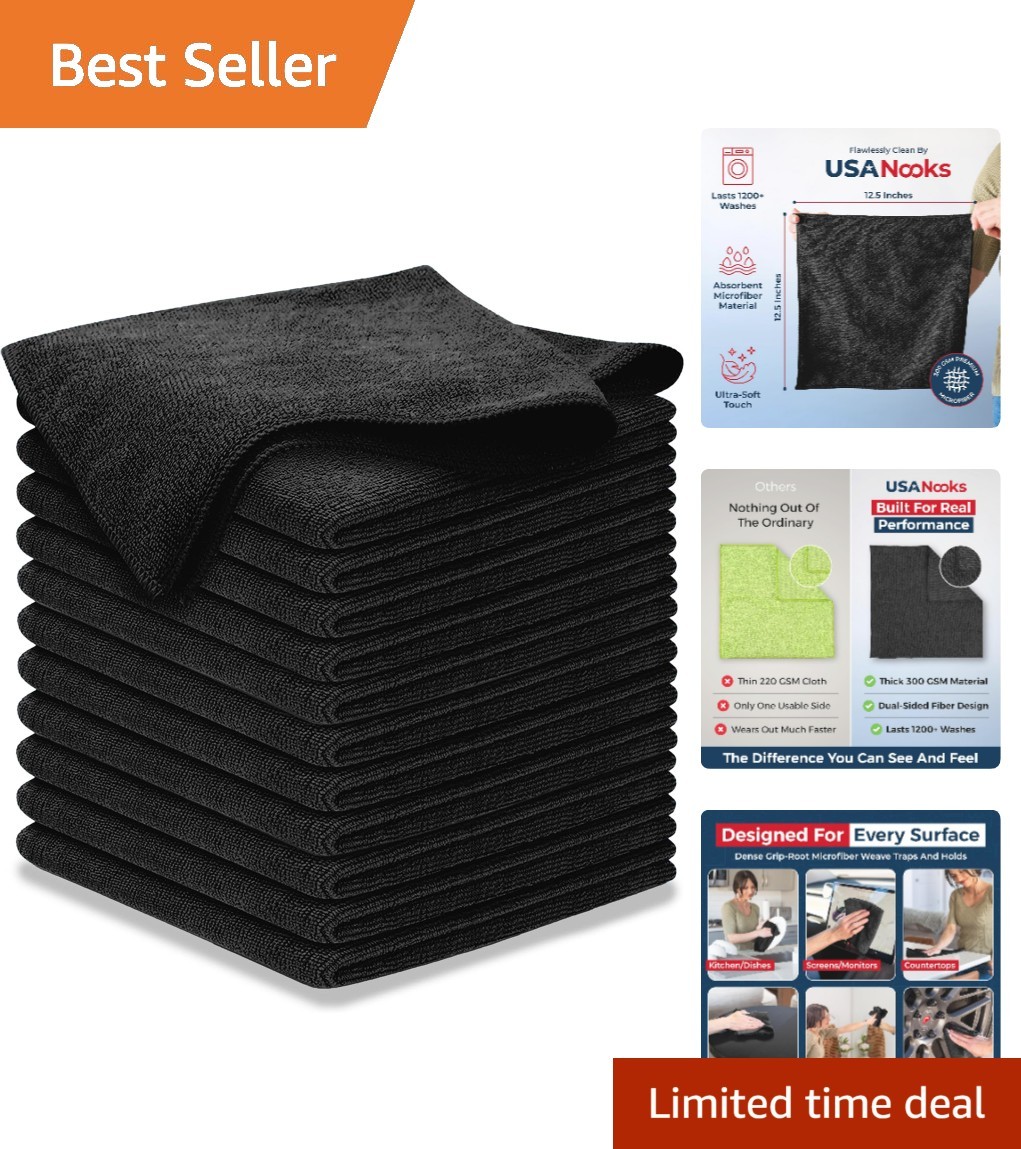 High Performance 12.5″ x 12.5″ Black Microfiber Cleaning Cloth Set – 1200 Washes