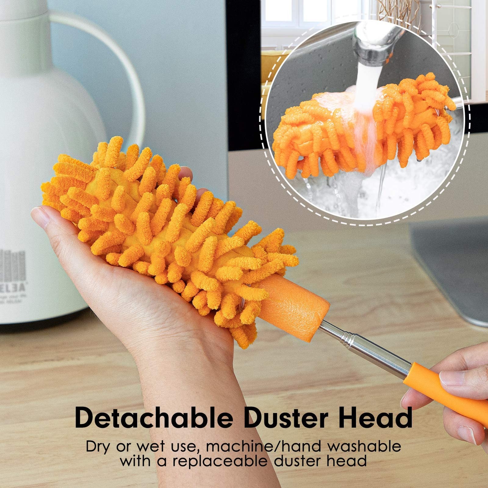 Microfiber Duster for Cleaning, Tukuos Hand Washable 2 Attachments, Orange