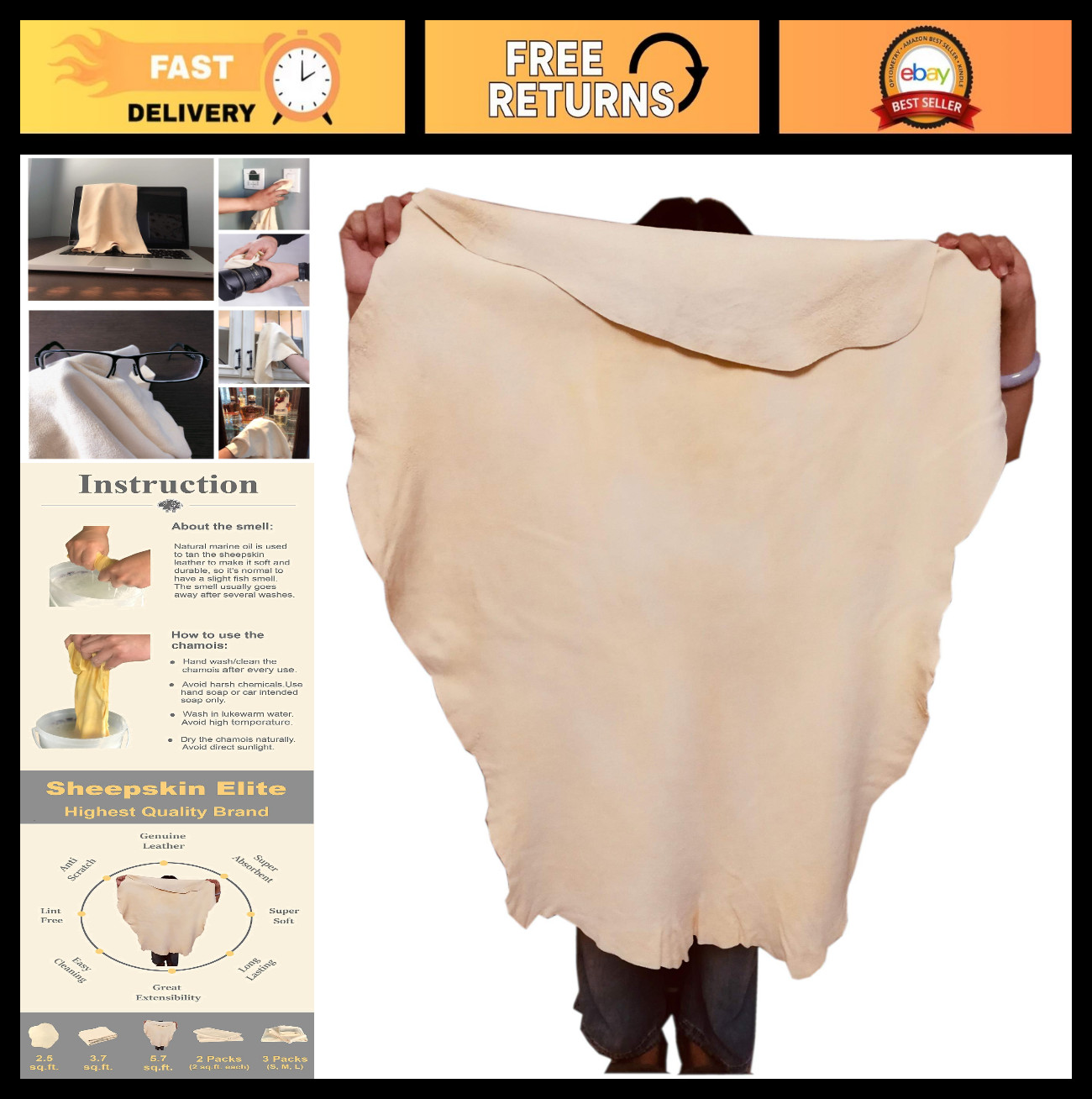 XL Chamois Car Drying Towel – Absorbent Natural Leather Cloth for Fast Drying