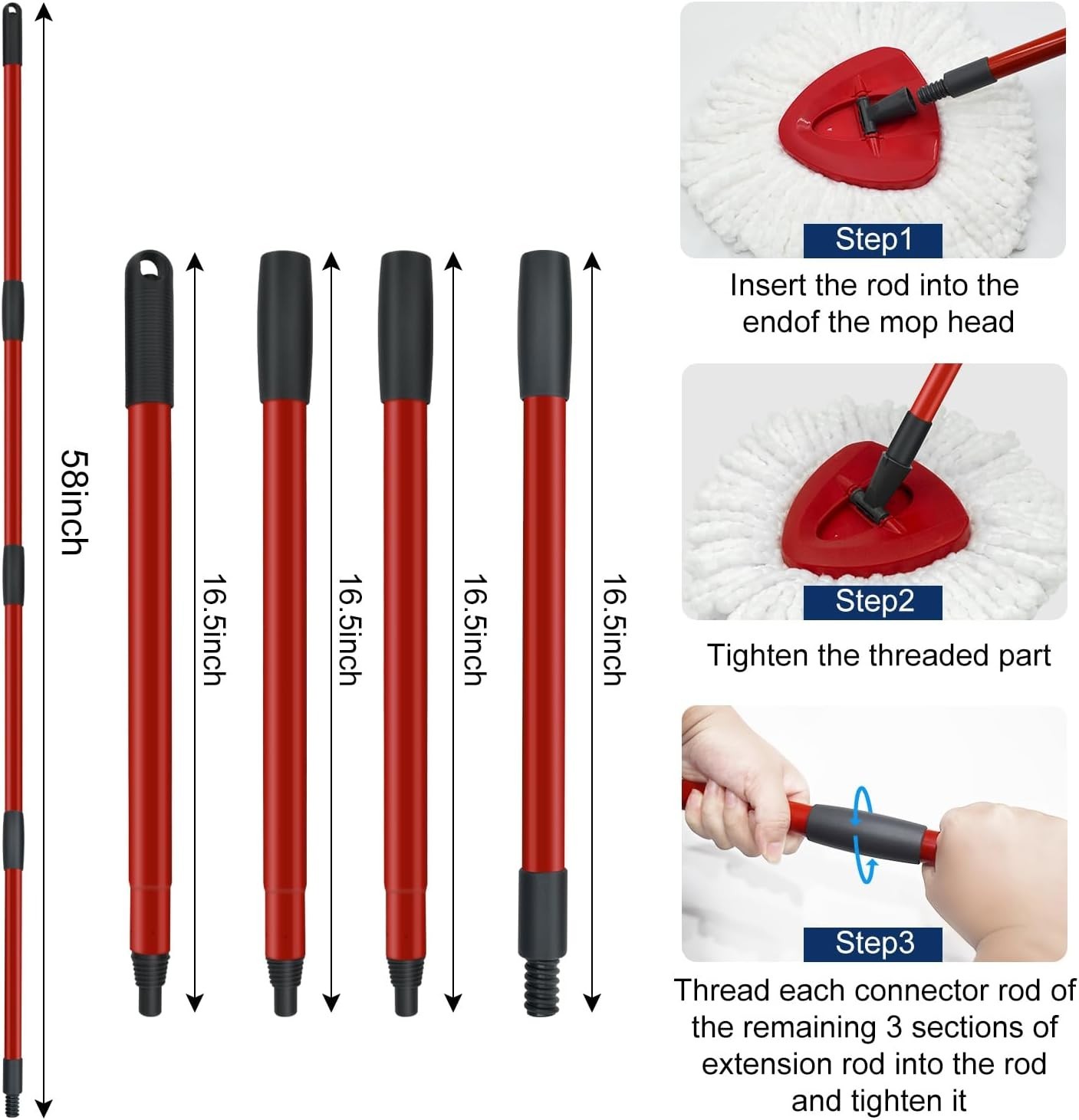 Easy Install 4-Section Mop Handle Replacement for O-Cedar, 30 to 58 Inches