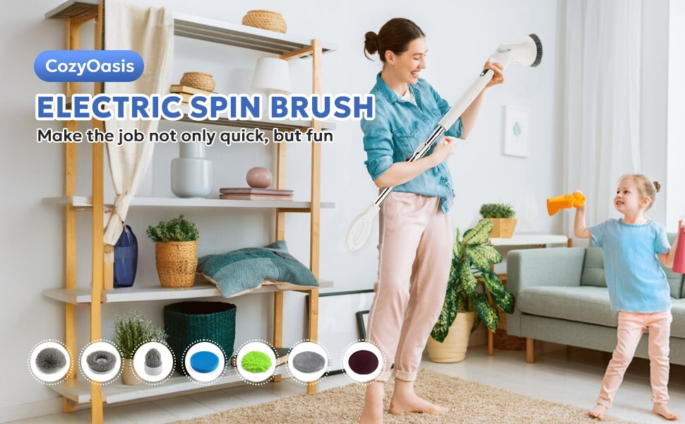 Electric Spin Brush with Long Handle 7 Replaceable Brush Heads Battery Operated