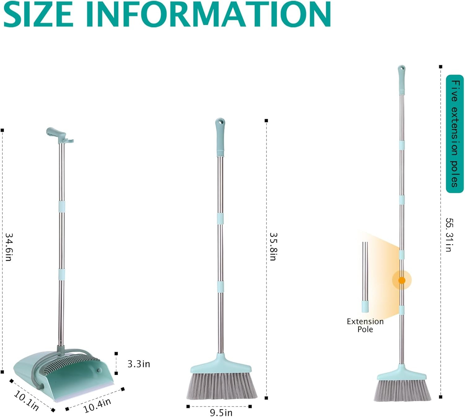 Broom and Dustpan Set for Home, Cleaning Teeth Combo Set with 55″ Long Handle, I