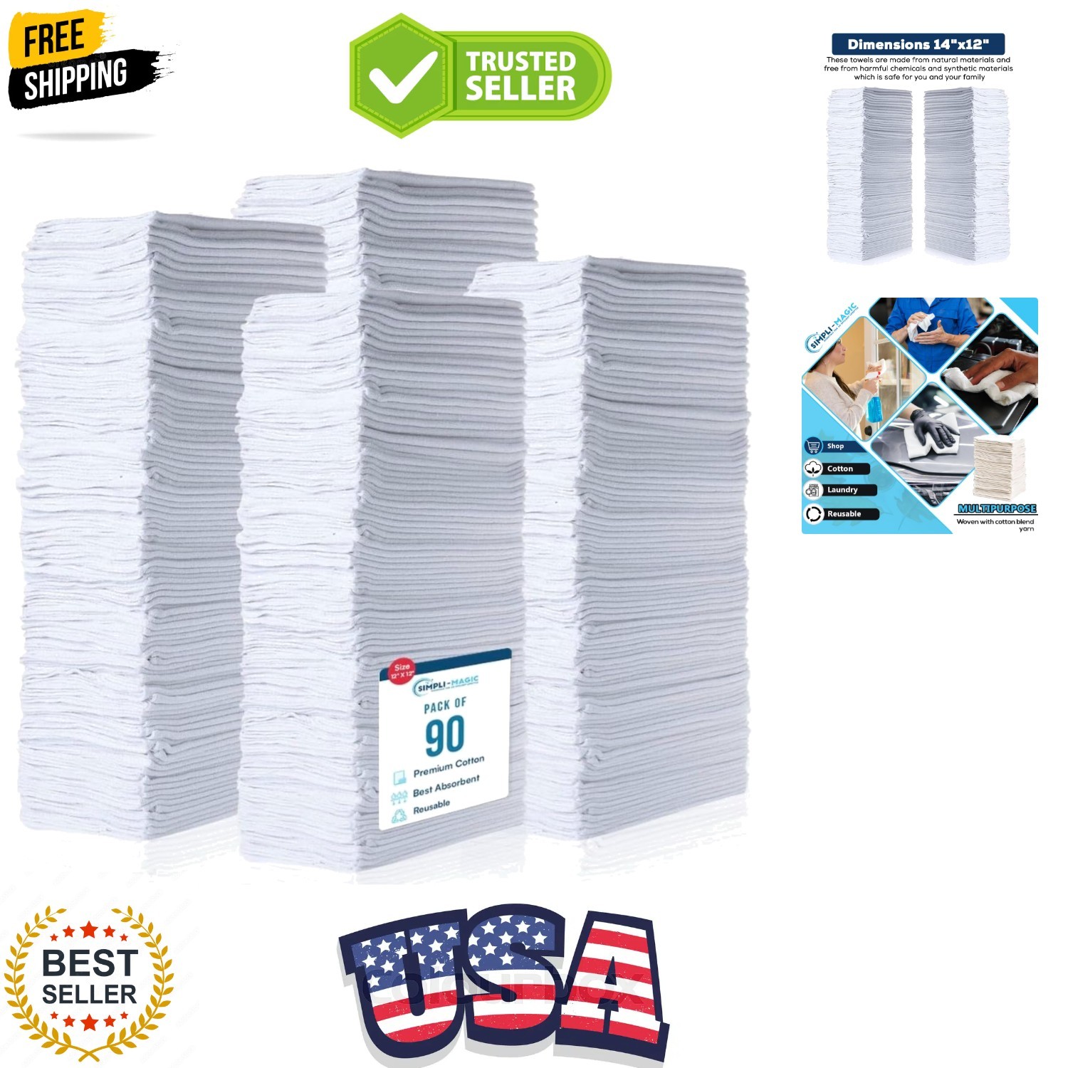 Cotton Shop Towels 14″x12″ 90 Pack – Reusable Cleaning Shop Rags for Automobi…