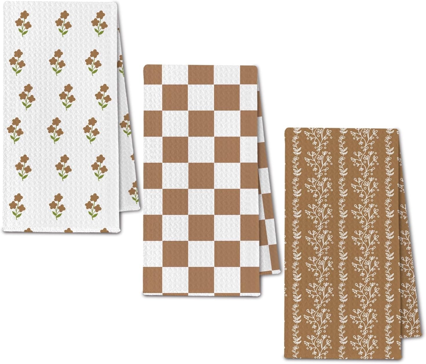 Boho Floral Checkered Kitchen Towels, Brown and White Plaid Dish Towels Drying