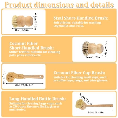 9 Pcs Bamboo Dish Brush Set Wooden with Sisal and Palm Fiber
