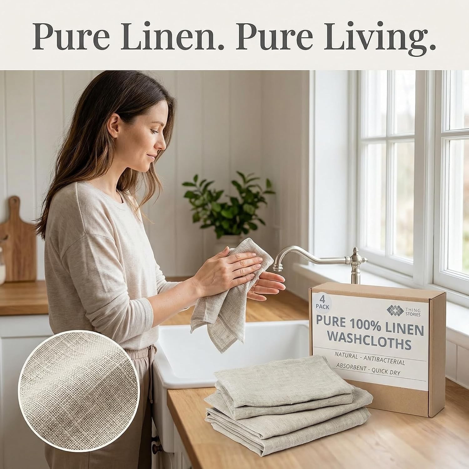 Pure Linen Flax Washcloths – 4-Pack Natural Dish Towels Set – Linen Tea Towel…