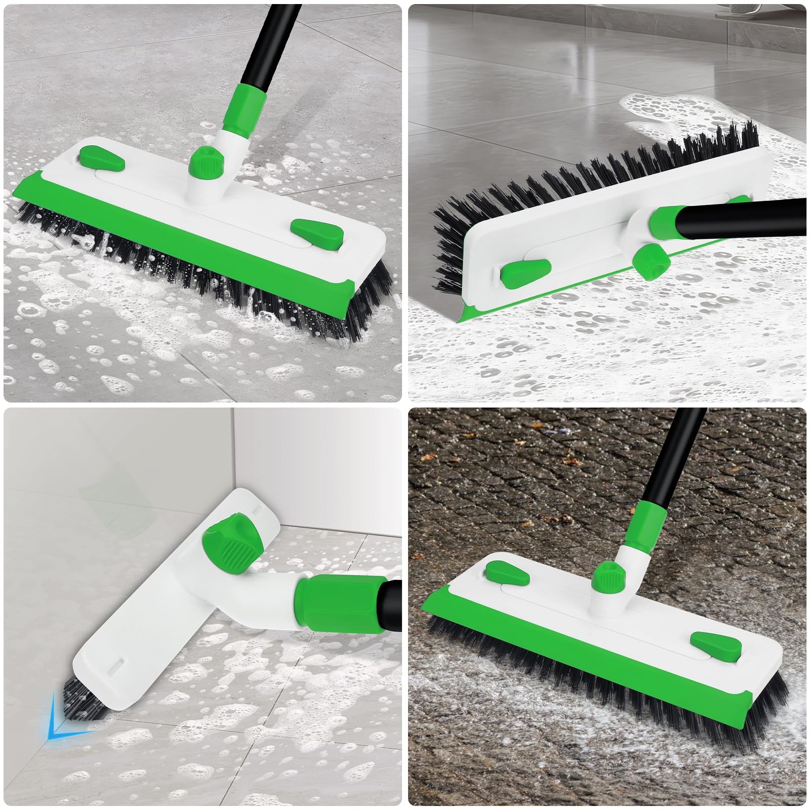 Floor Scrub Brush with Long Handle, 3-in-1 Scrape Scrubber Green
