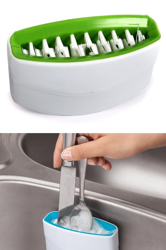 Kitchen Sink Suction Mount Dual Scrub Brush – Hand Wash Silverware & Knives